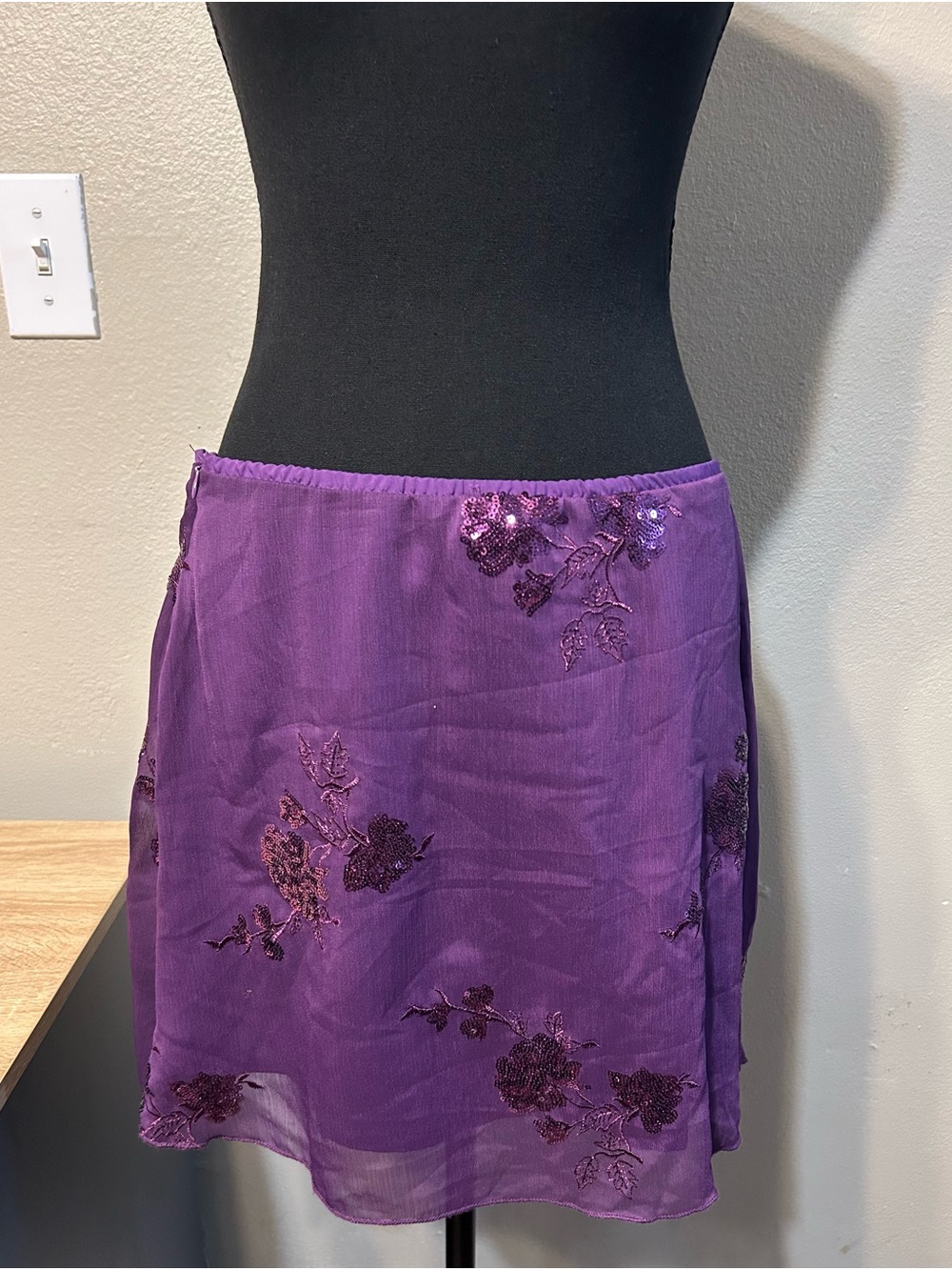 Y2K Purple Chiffon Mini Skirt Floral Sequin Embroidered Fairy Whimsigoth 32”